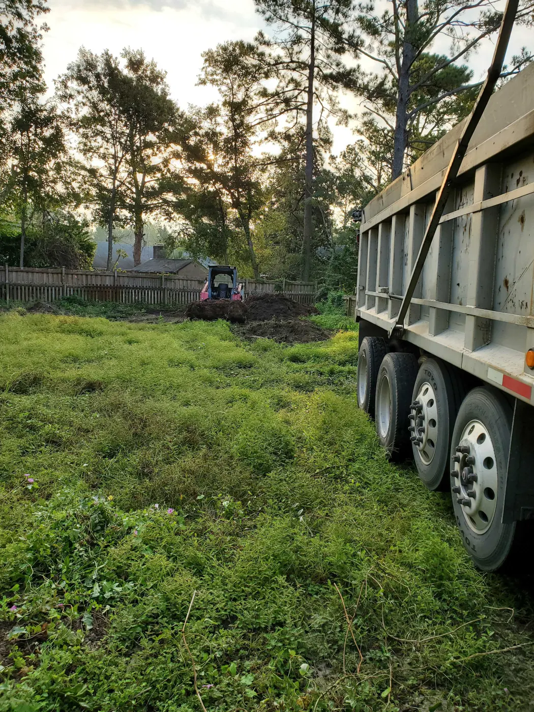 Field after bush hogging with cut stubble and a cleared fence line in Pender County, NC